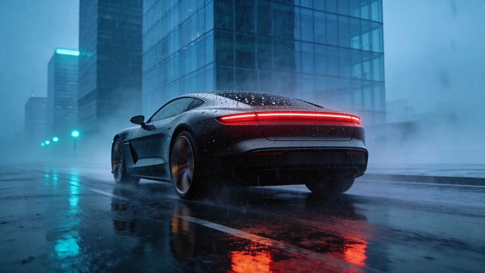 Graphite AERA One electric car driving through a rain-soaked city
