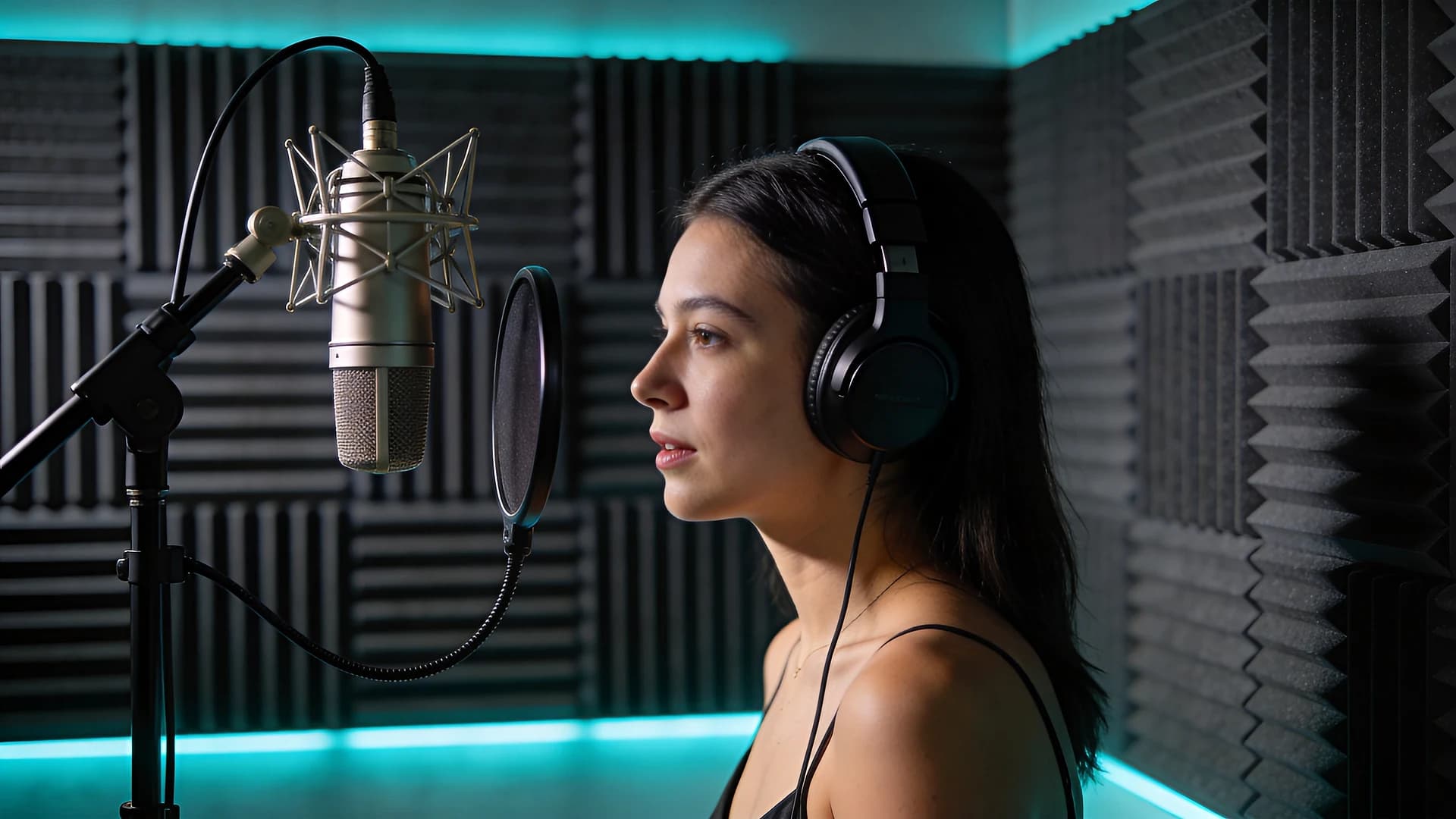 Voice artist recording in a dark studio