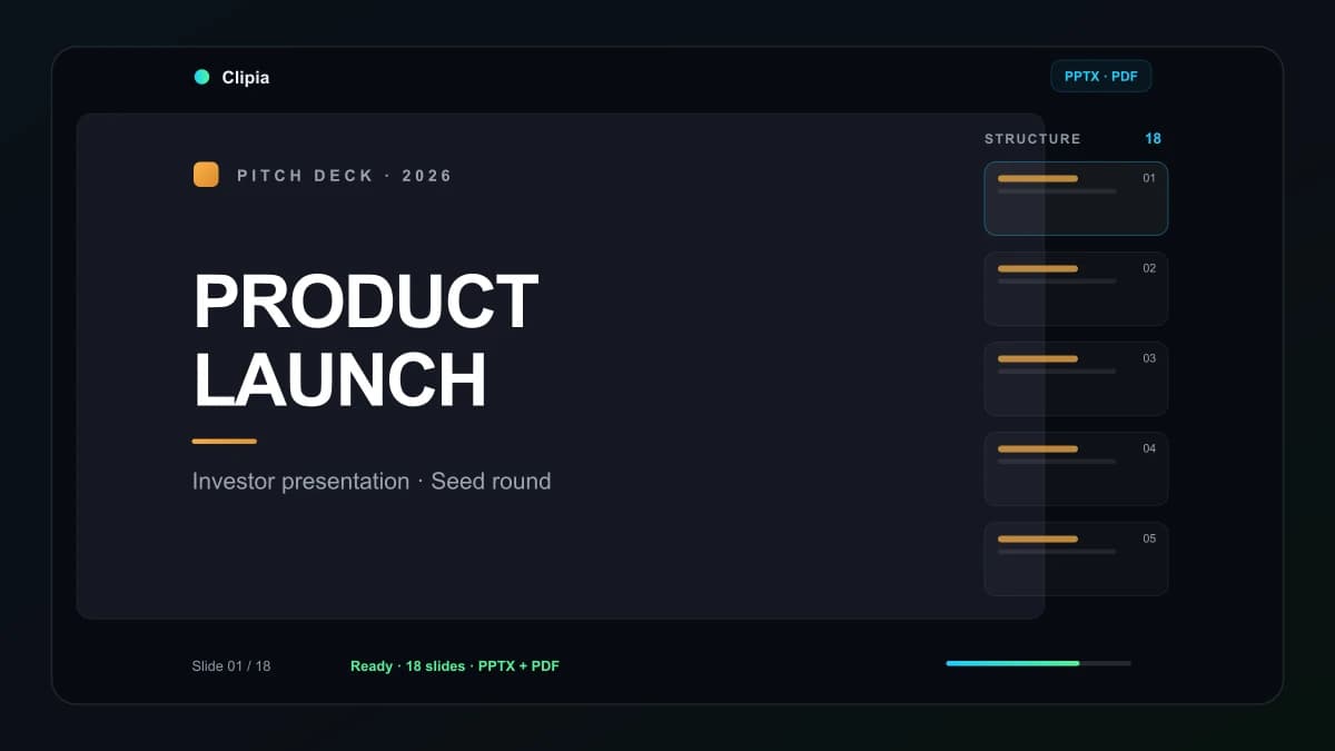 English product-launch pitch deck open in Clipia's presentation workspace