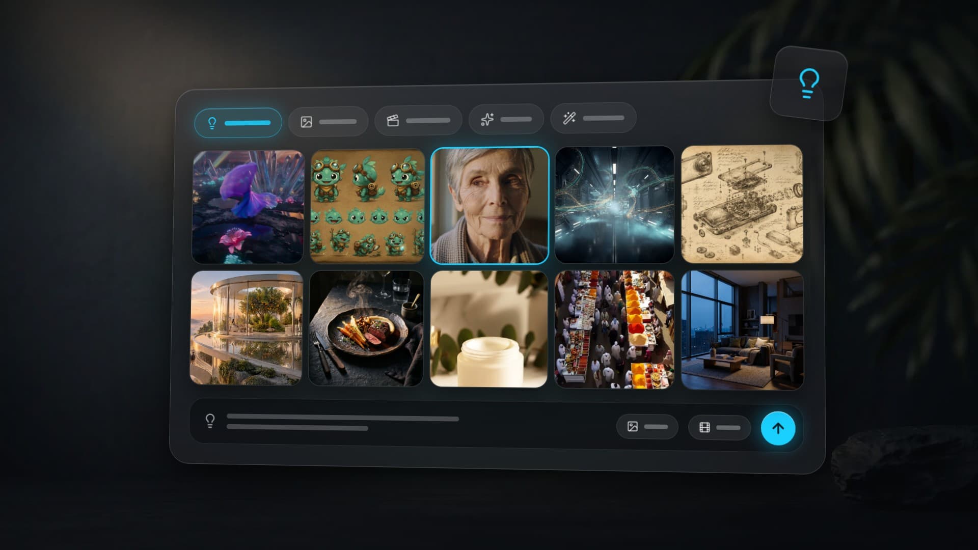 A mosaic of ten AI images: a portrait, food, architecture, characters and other ideas