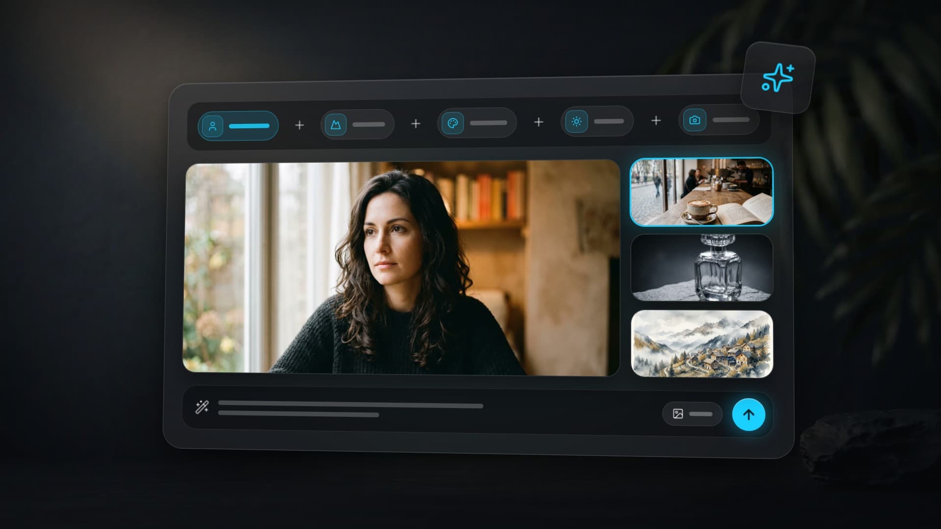 Five prompt components in a row above a portrait of a woman by a window and three AI image examples