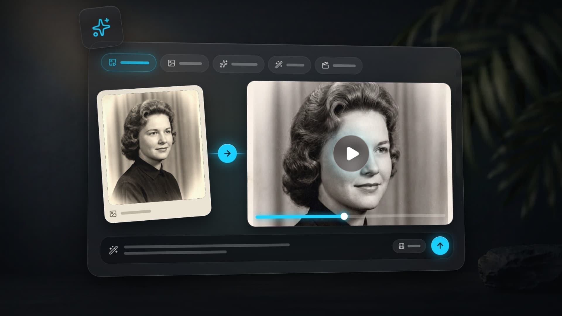 An old black-and-white portrait comes to life: the photo print on the left, the same frame in a video window on the right