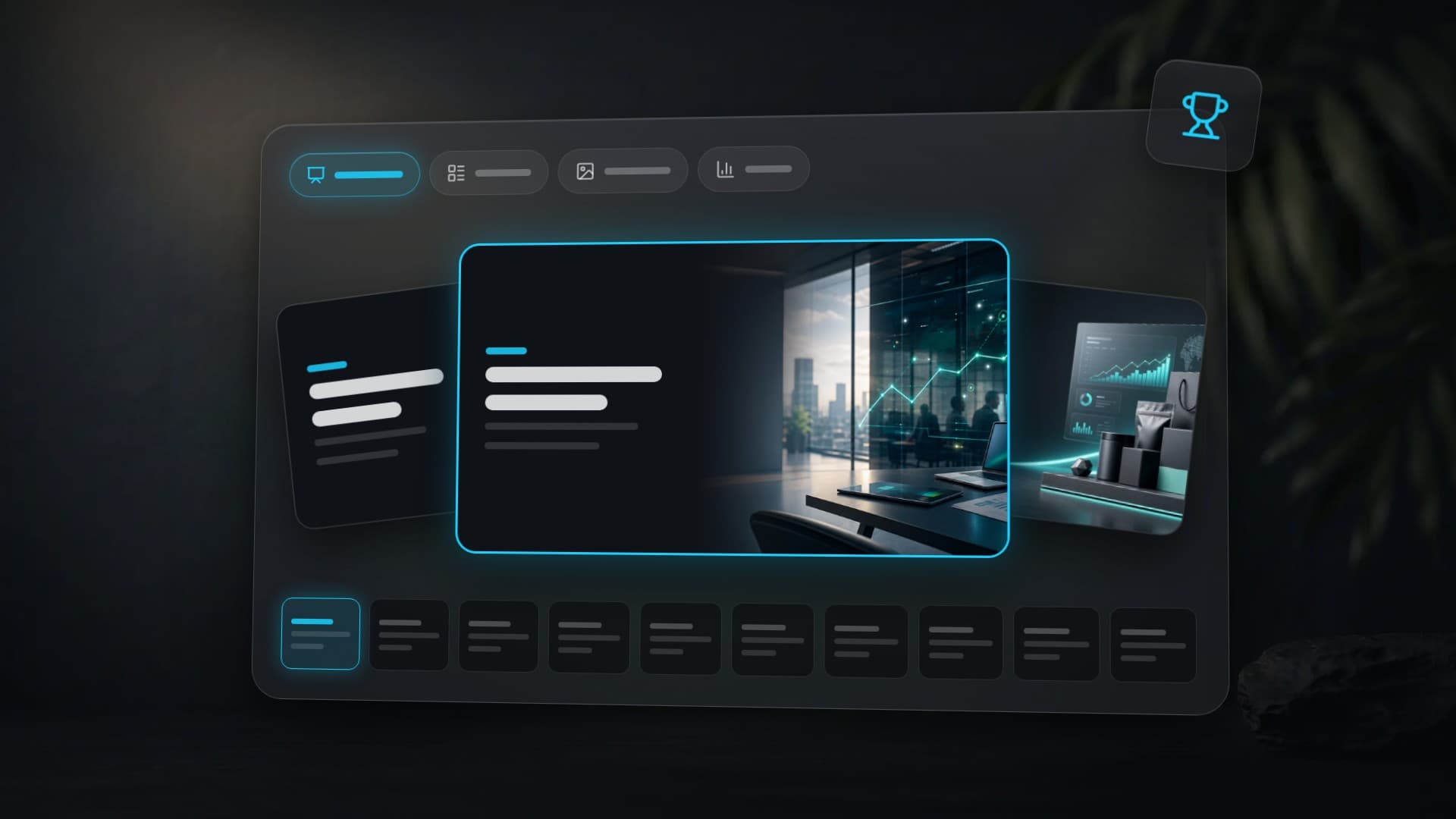 Presentation slides fanned out in an editor window with a strip of ten mini slides below