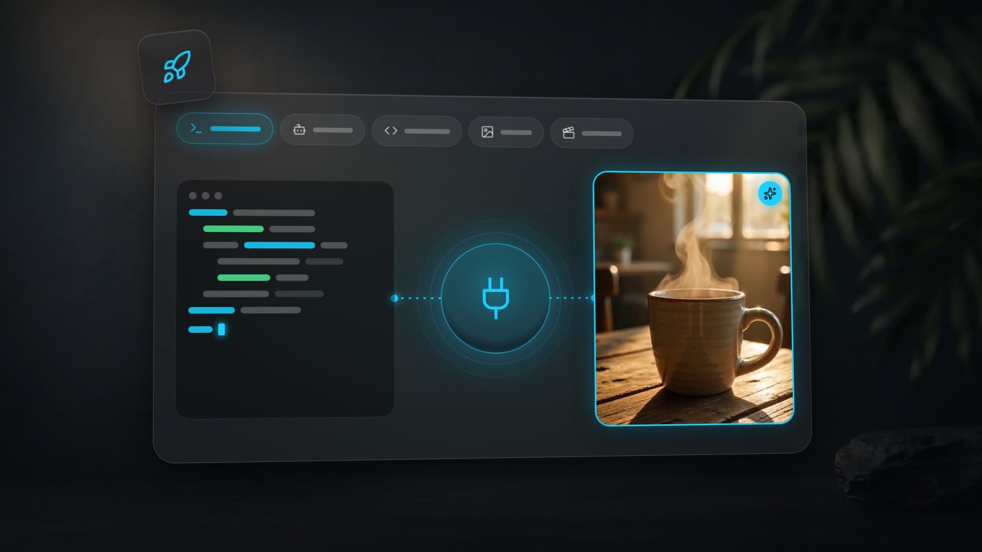 A terminal window connected through a plug to a finished image — a cup of coffee on a wooden table
