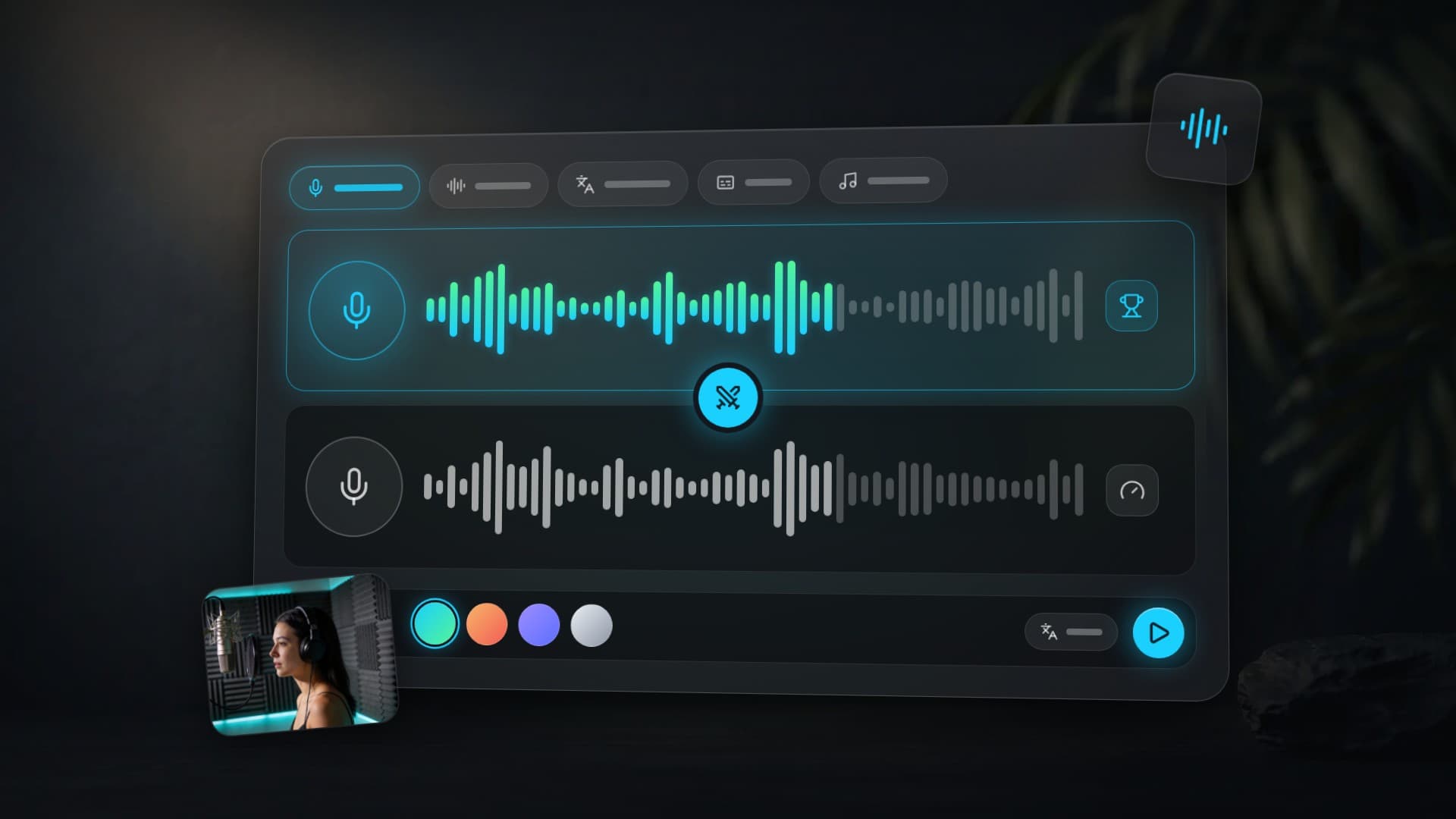 Two AI voice waveforms side by side: the top track is highlighted and marked with a trophy, with a studio voice-over frame beside it