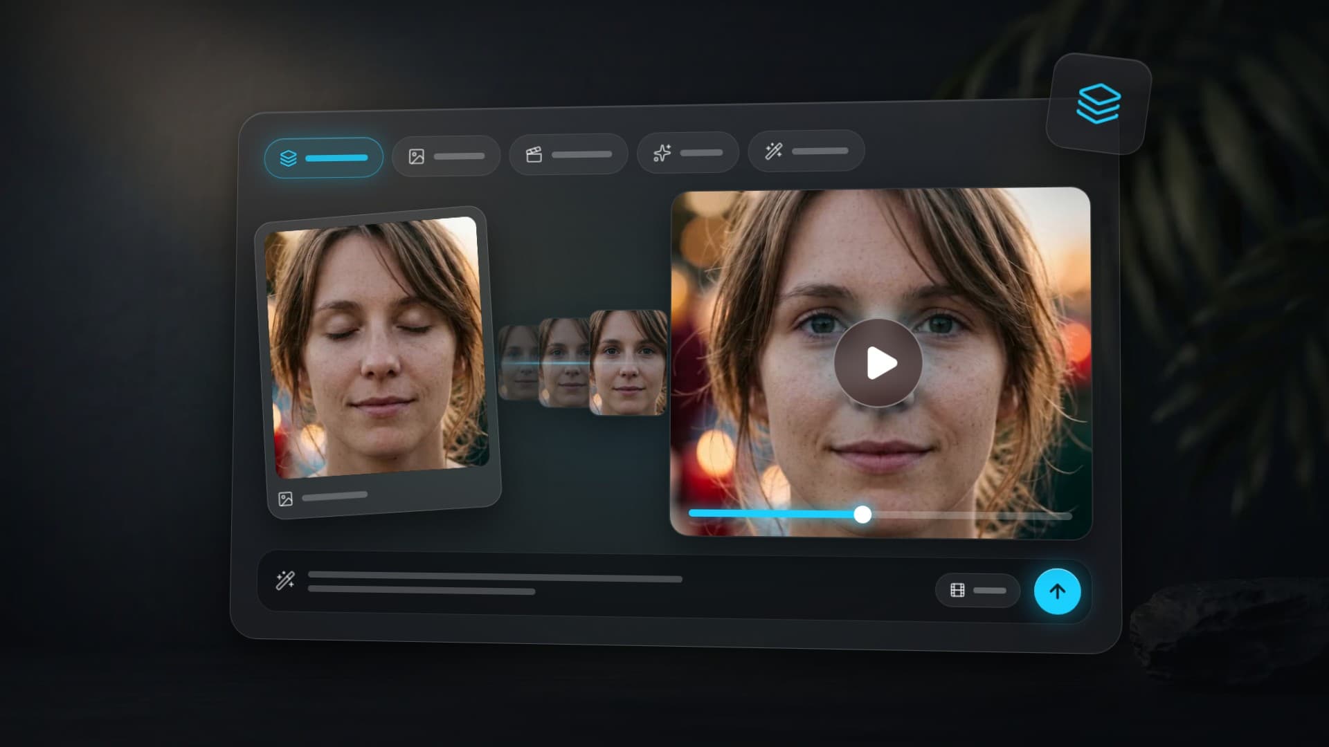 A face photo turns into video through in-between frames: the still on the left, the video frame on the right