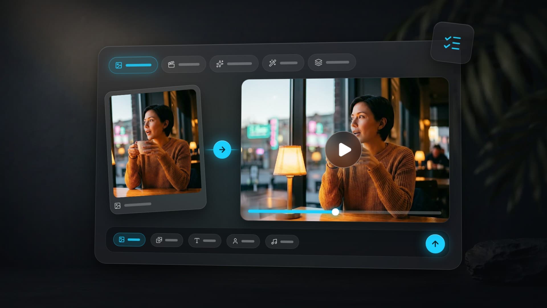 A photo of a woman with a cup by a window turns into video; five methods to choose from below the frame