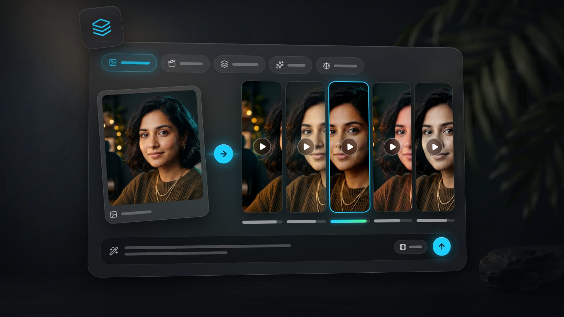 One portrait of a woman and five video variants made from it in a row, the middle one highlighted