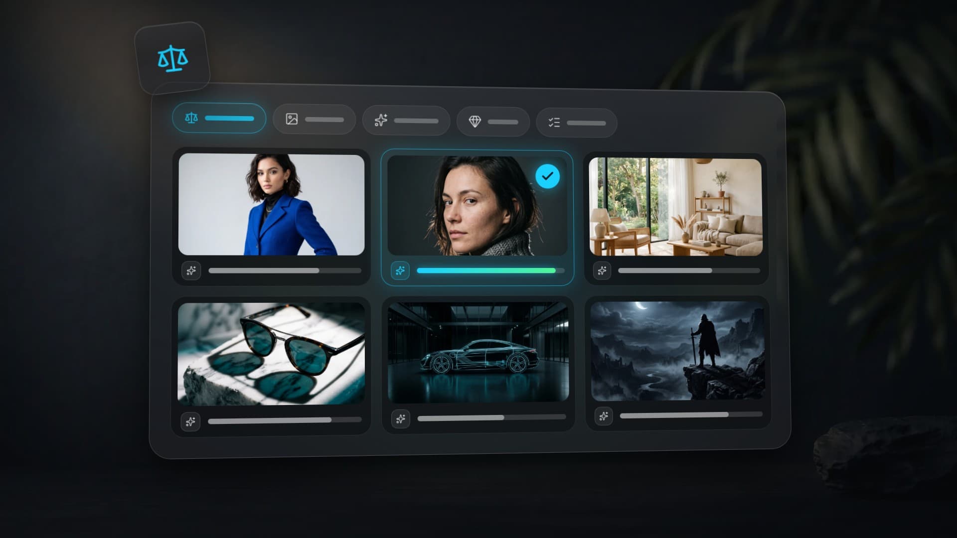 A grid of six AI images in different genres — portrait, product shot, interior, landscape; one is selected