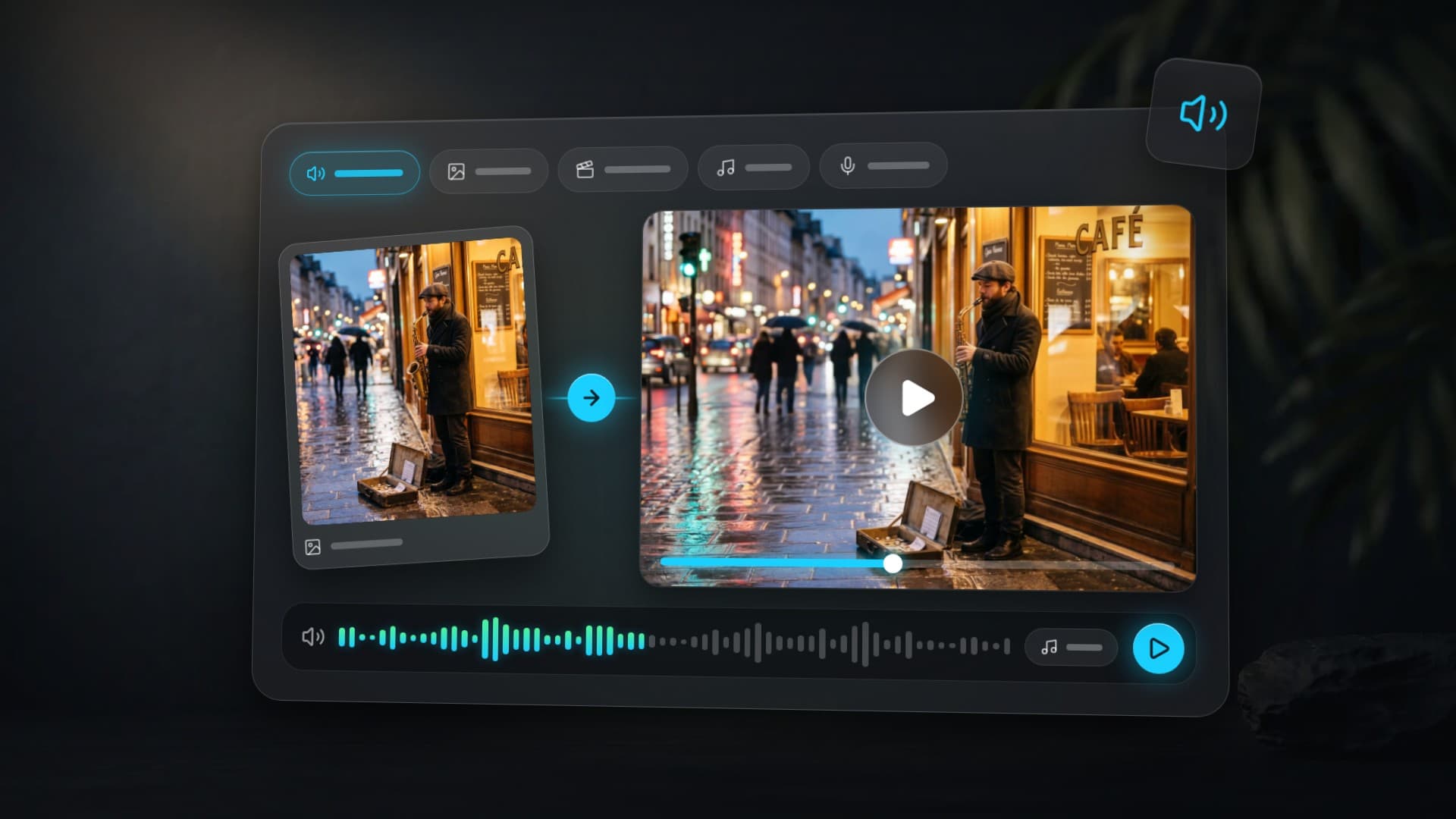 A photo of a street musician in the rain turns into a video with sound: an audio track runs below the frame