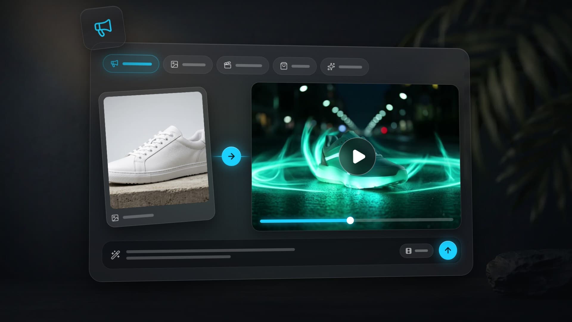A photo of a white sneaker turns into a video ad with neon light rings inside a video studio window