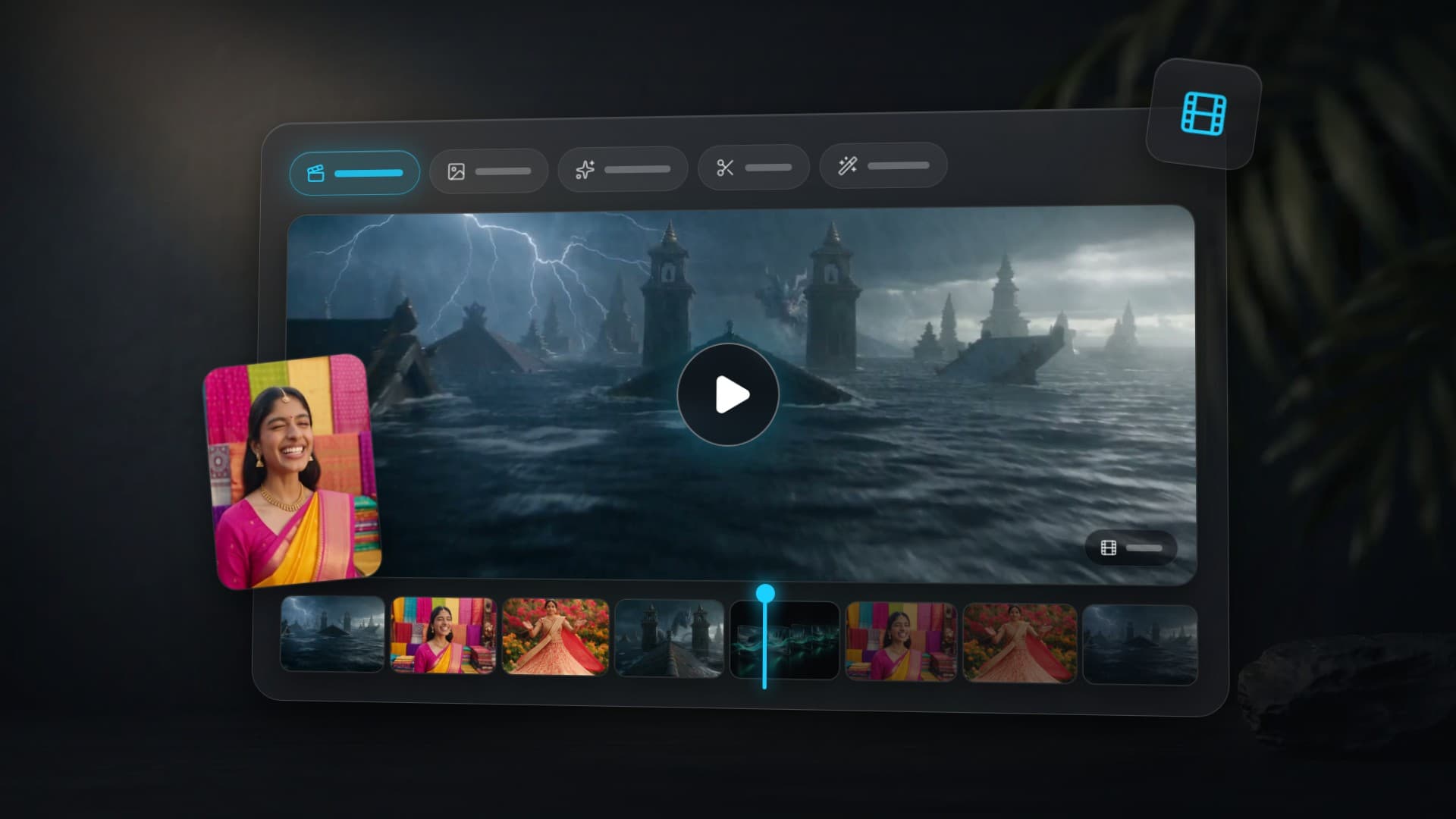 An AI video frame: a flooded city with towers under a thunderstorm, with a strip of scenes below