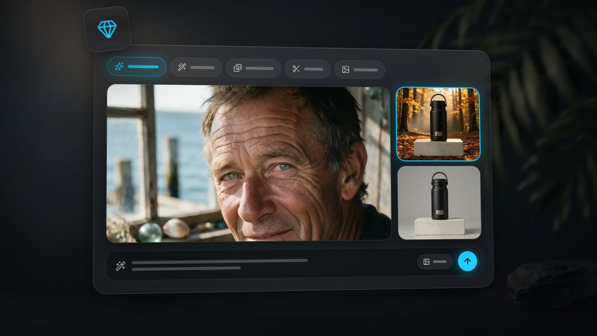 A realistic portrait of an older man by the sea and two product shots of a thermos — AI image examples
