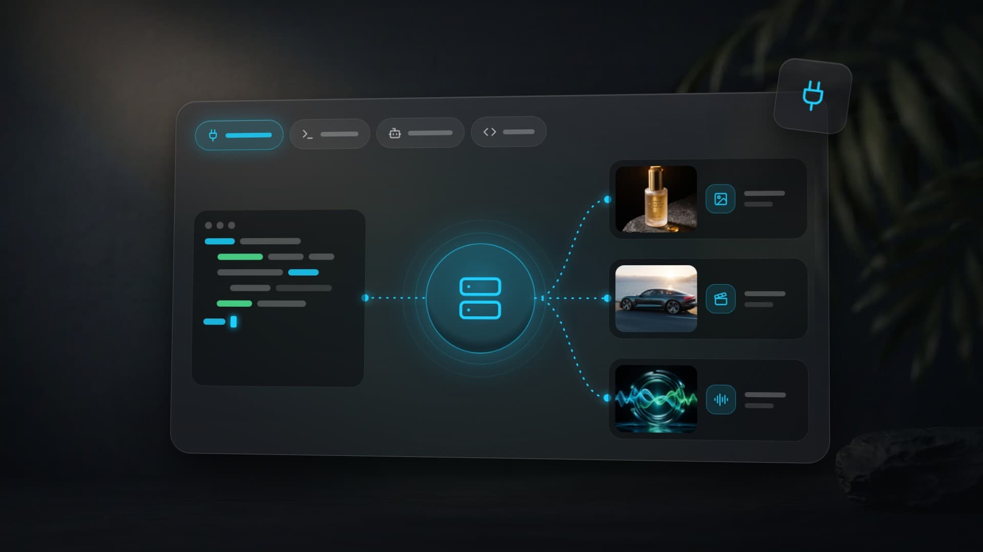 MCP server diagram: a terminal connected through a server to three tools — image, video and audio