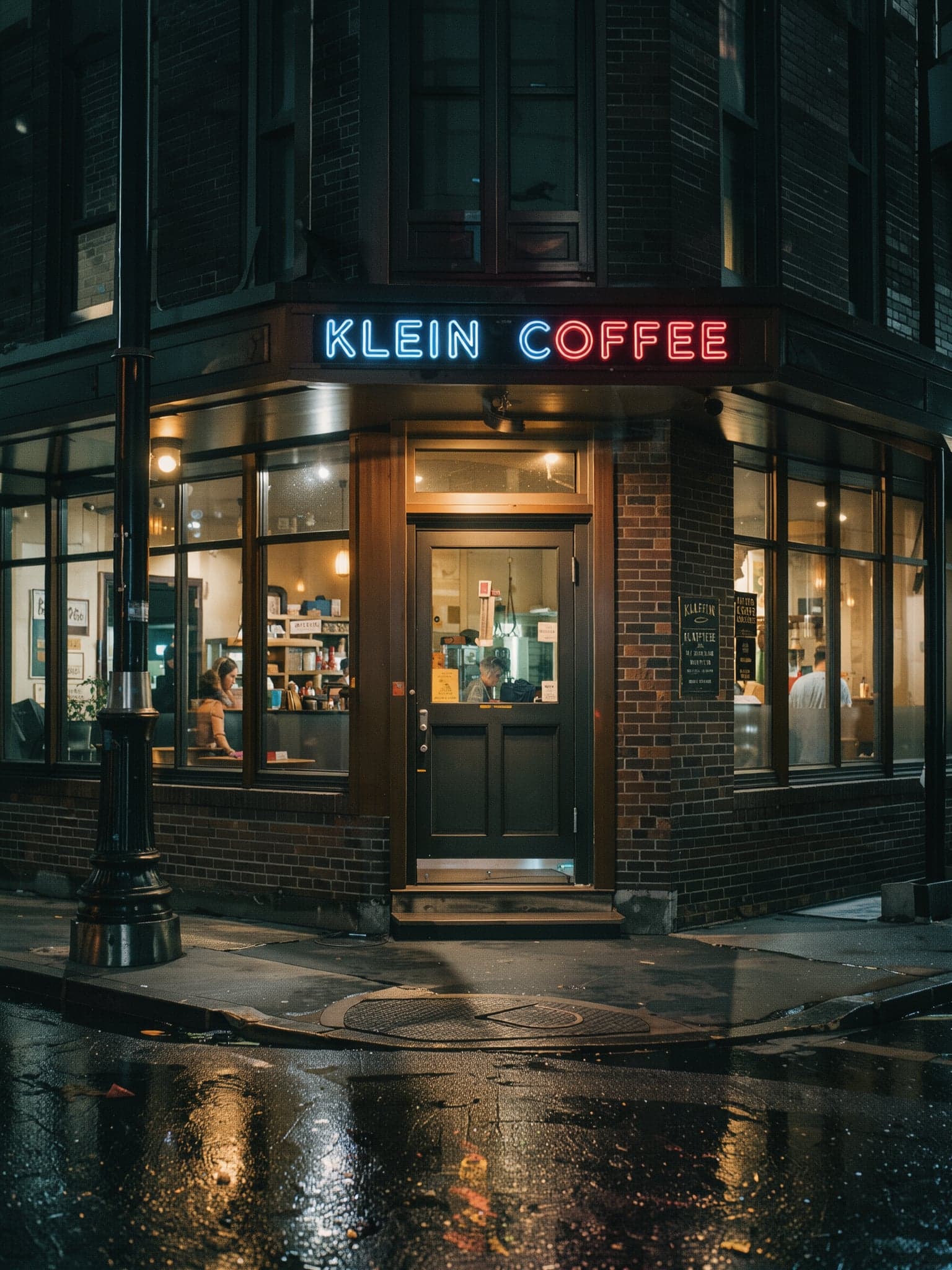 Night coffee shop with a neon sign, created with FLUX 3 Klein