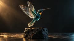 Исходное изображение стеклянной бирюзовой и янтарной колибри над каменным постаментом
