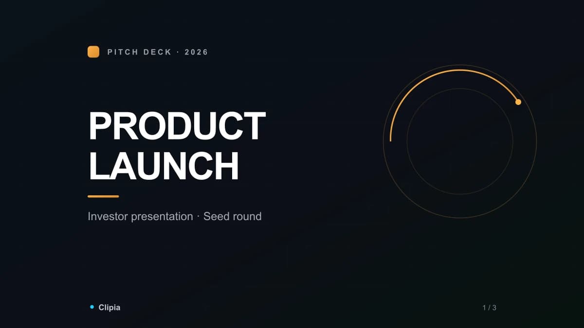 English product-launch pitch deck cover created in Clipia