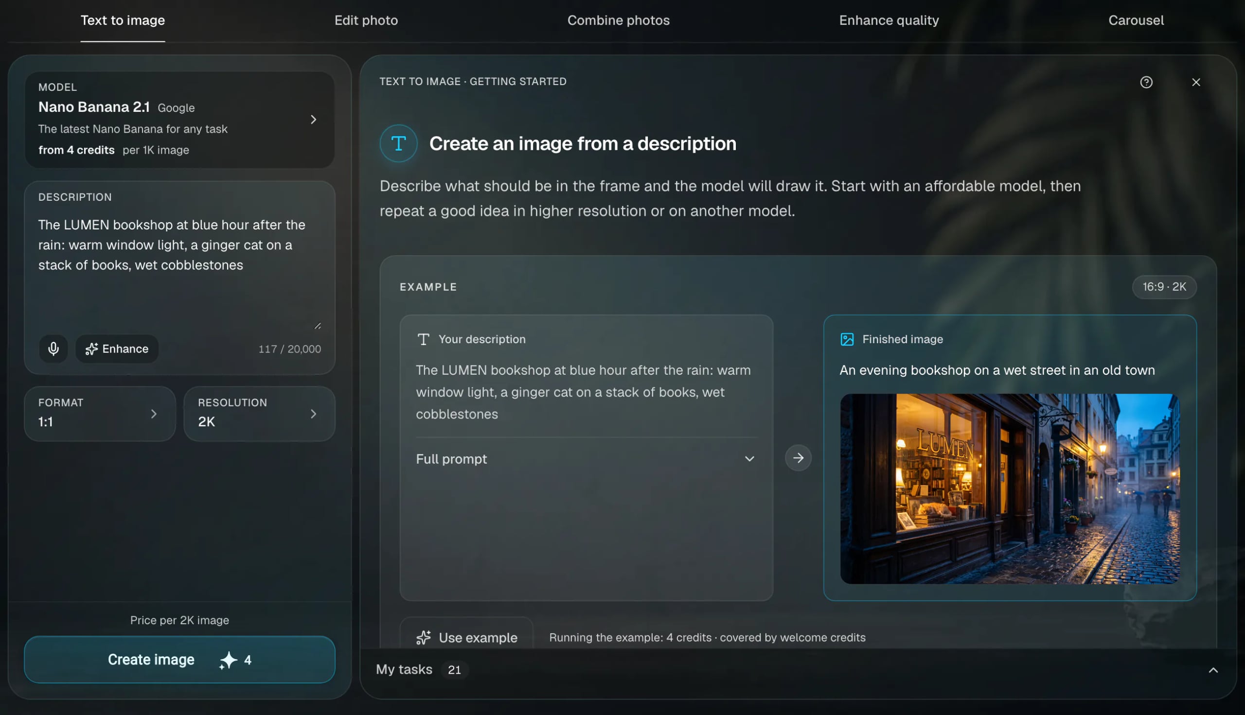 Image Studio in “Text to image” mode: mode tabs, the selected model, a description of a bookshop scene, format and resolution, and the launch button with the price in credits