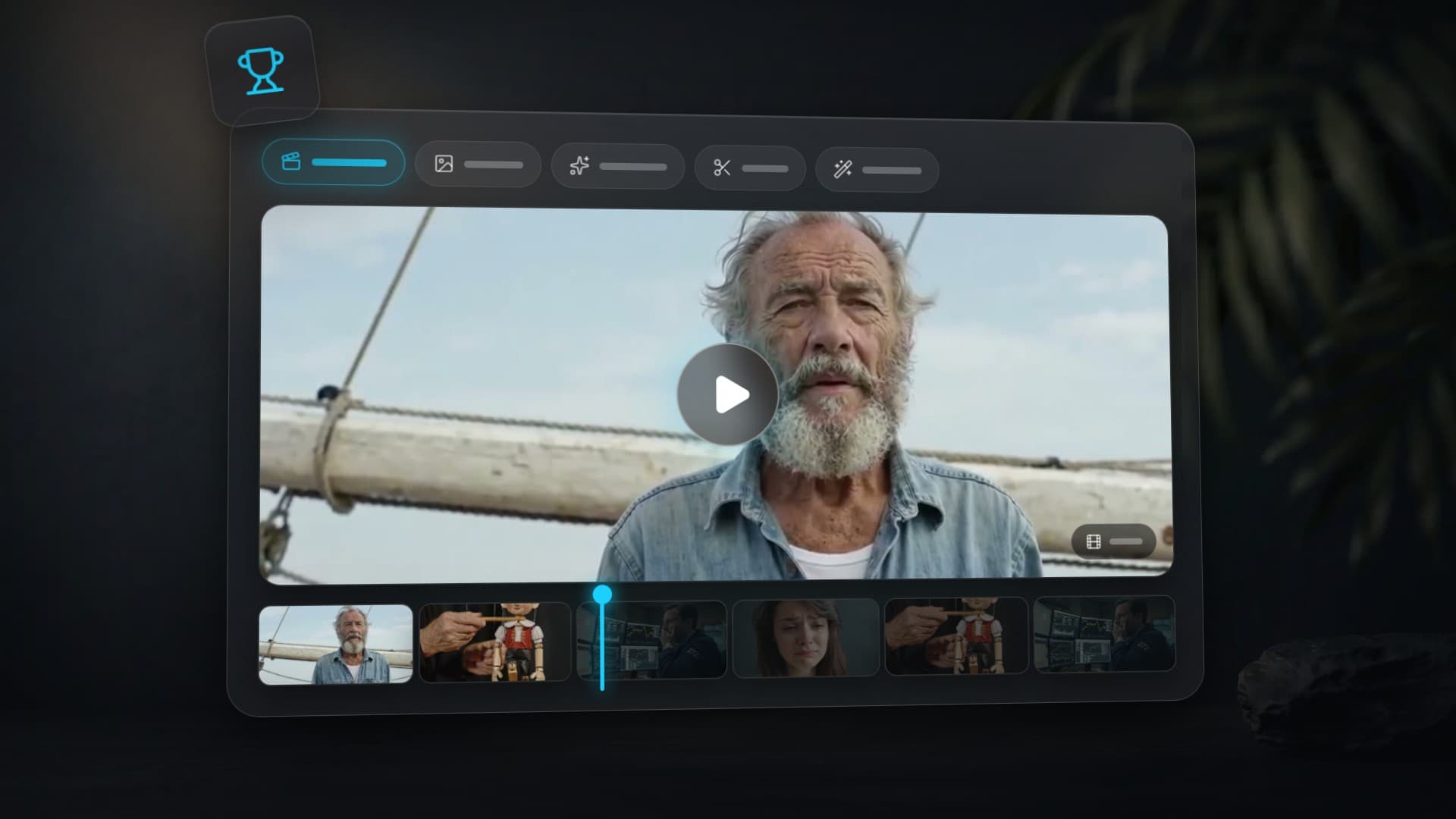Fotograma de un vídeo con IA: un marinero canoso en la cubierta de un velero, con una tira de escenas debajo