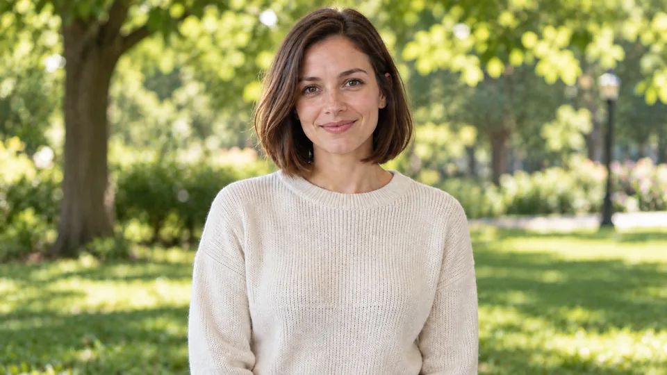 The same woman in the same pose against a summer park background