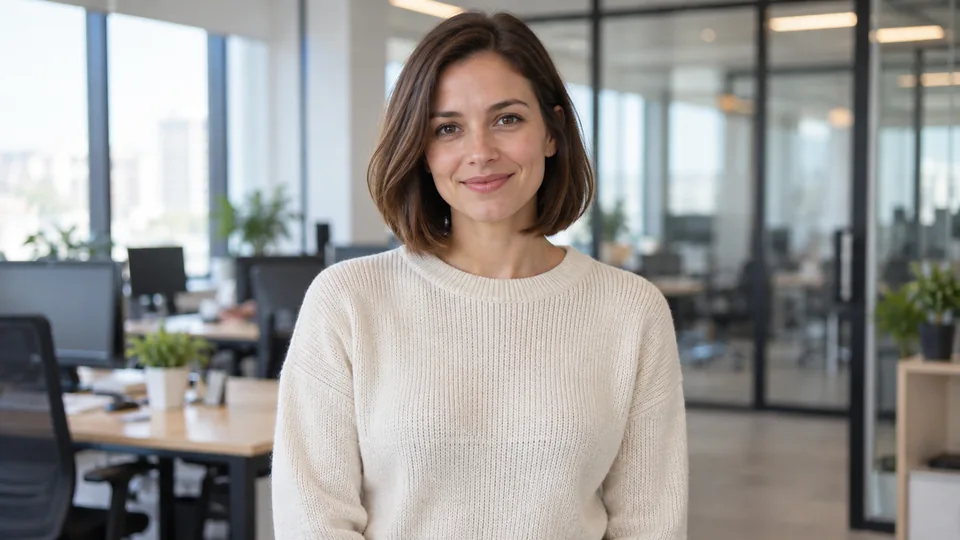 A woman in a cream sweater against an office background