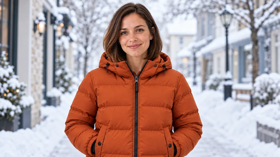 The woman from the source photo wearing the orange jacket on a snowy street