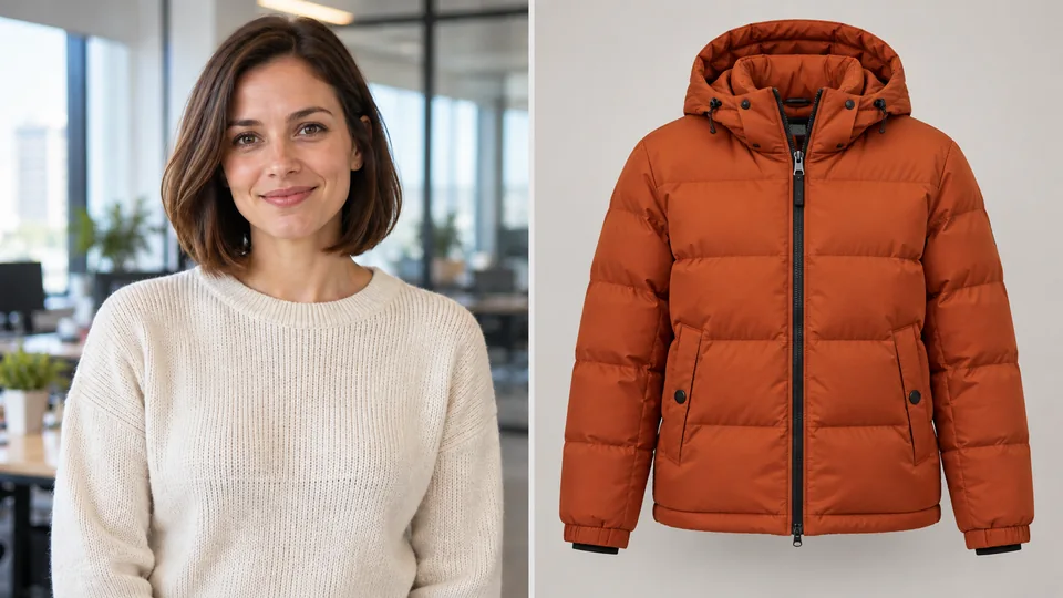 Two source photos: a woman in a cream sweater and an orange winter jacket
