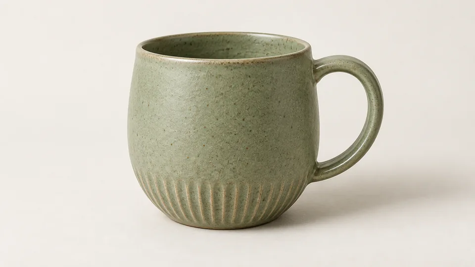 The same green ceramic mug with a crisp glaze texture