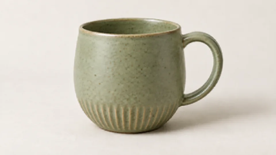 A soft low-detail photo of a green ceramic mug