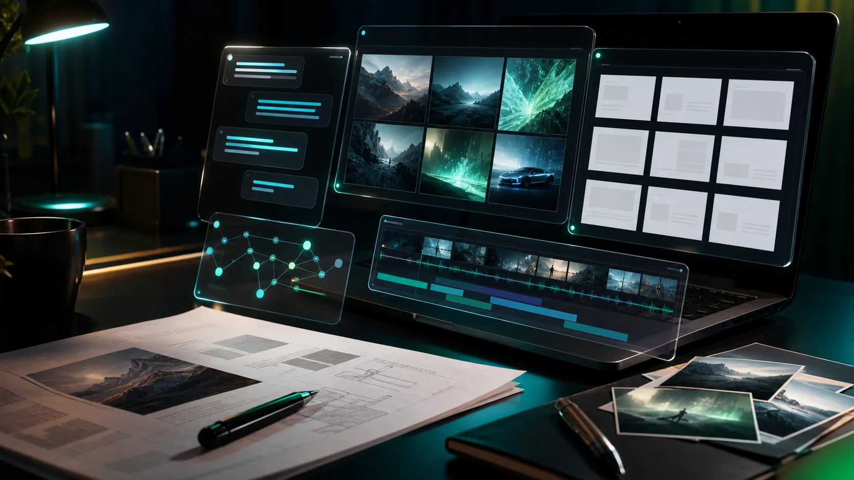 Clipia AI assistant workspace with brief, visual variants, deck structure and video timeline