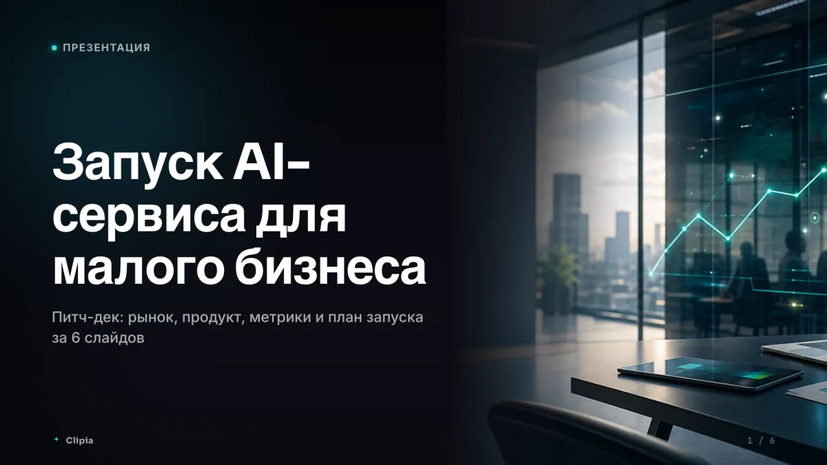 Screenshot of a Clipia AI presentation with slides, charts and visual style