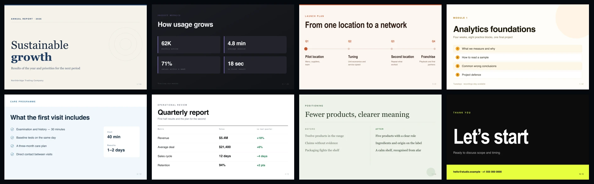 Grid of real PNG slide previews created by the Clipia AI Assistant