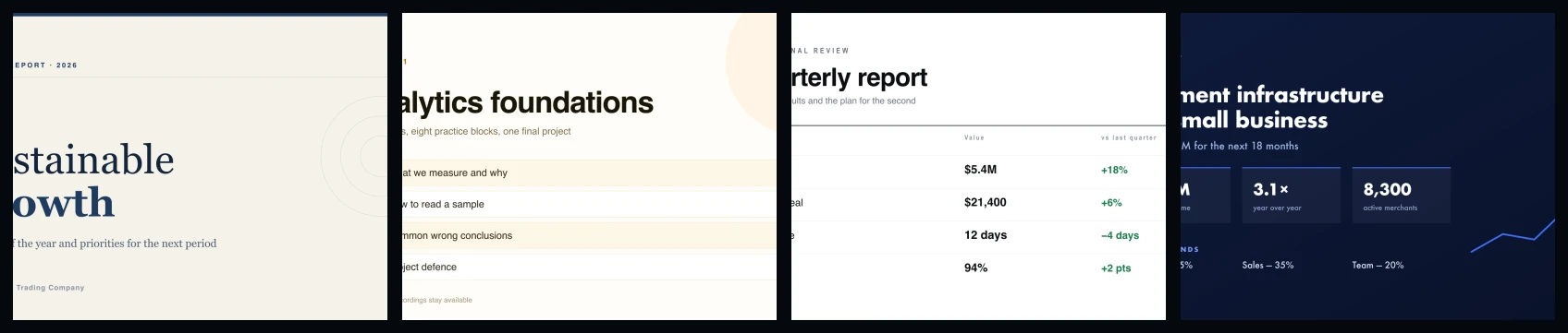 Three real Clipia presentation previews: product launch, learning deck and sales proposal